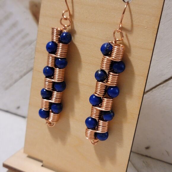 Handmade Copper Coil Bead Earrings – Artisan Dangle Jewelry with Blue Beads - Picture 4 of 7